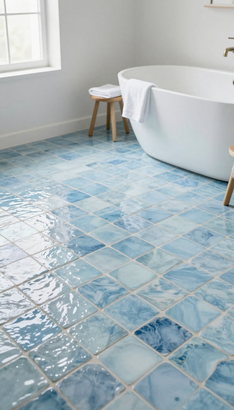 Modern bathroom floor with handmade icy blue zellige tiles shimmering in bright natural light