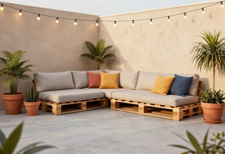 Budget-friendly patio with pallet sofa, string lights, and potted plants
