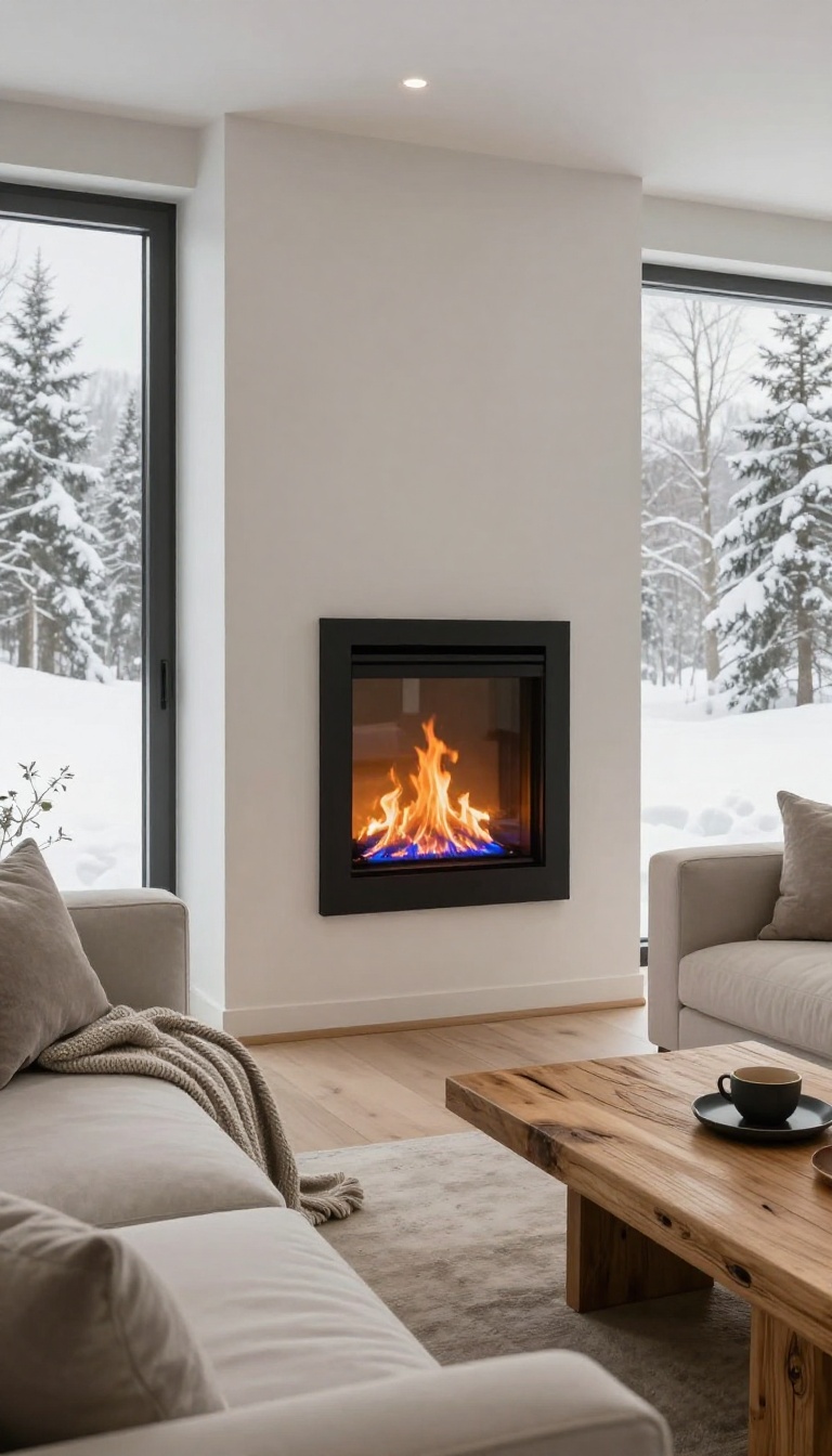 Enclosed patio with a wall-mounted ethanol fireplace as a focal point, surrounded by cozy seating and natural light.