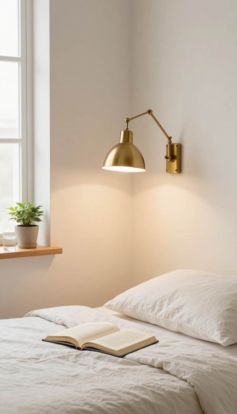 Small bedroom with a brass wall-mounted swing arm lamp extended over a bed, lighting an open book, with a floating shelf holding a plant and glass of water