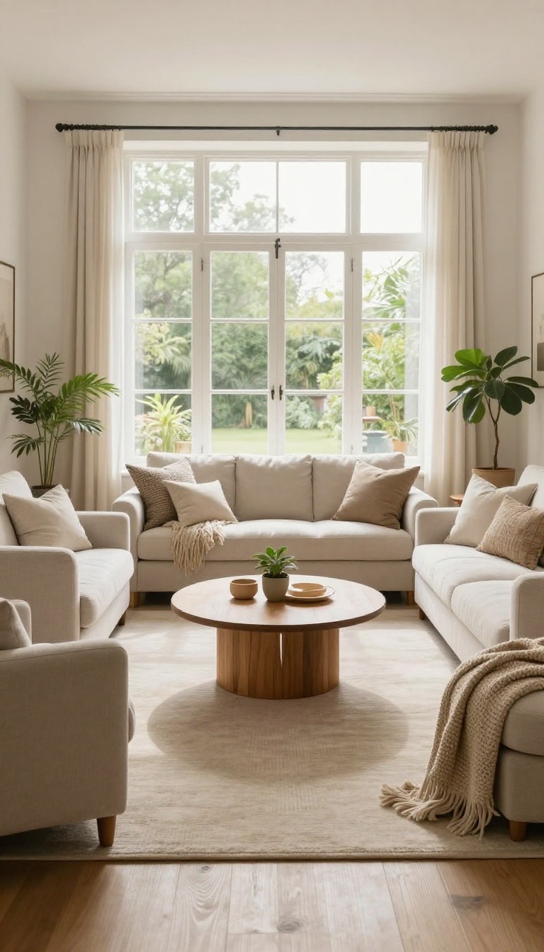 Bright living room with a U-shaped seating arrangement featuring a sofa and two angled armchairs around a round coffee table