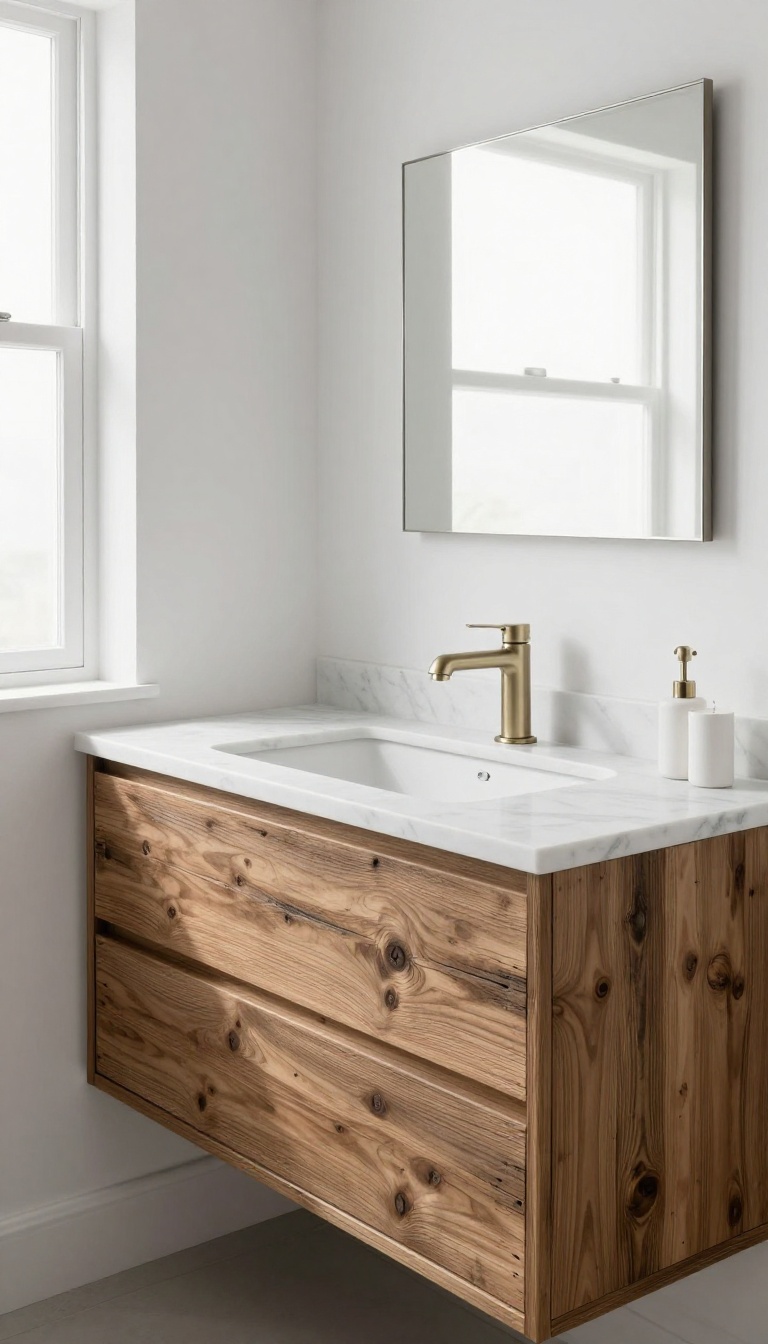 Modern rustic bathroom vanity built from reclaimed wood with a marble countertop and sleek fixtures in bright natural light