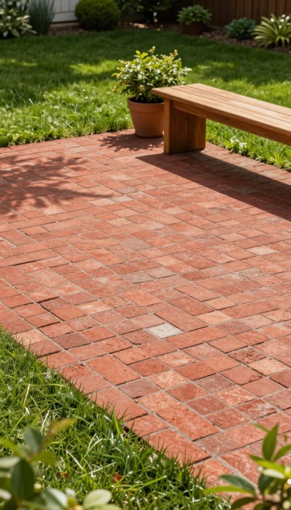 A warm brick paver patio in a herringbone pattern with a wooden bench and garden in bright sunlight.