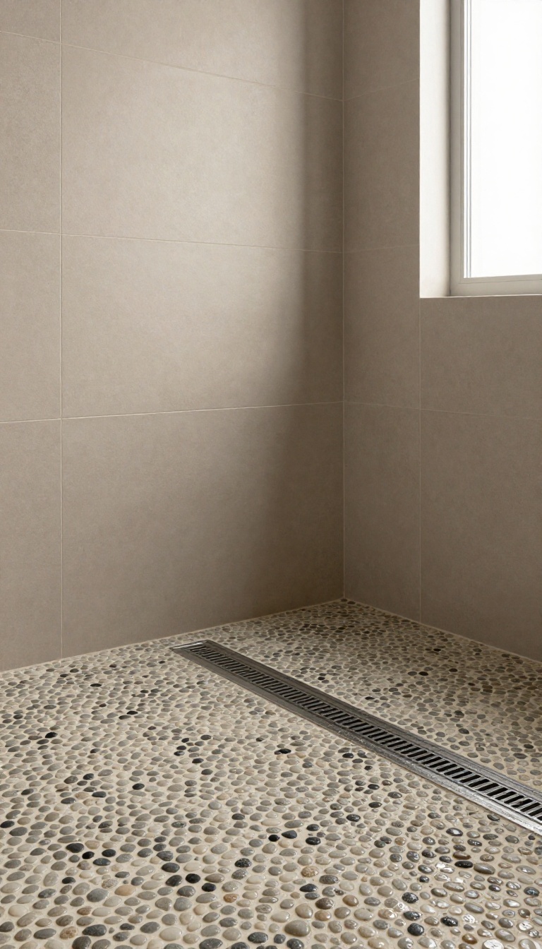 Modern bathroom shower floor with warm gray and beige pebble mosaic tiles sloping toward a linear drain, wet stones glistening in natural light