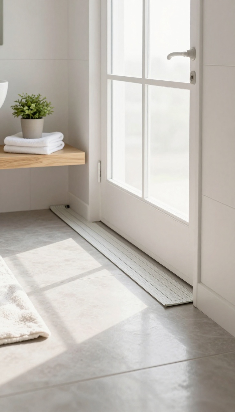 Small bright bathroom with warm heated floor tile and a partially installed electric heating mat under glossy porcelain tile