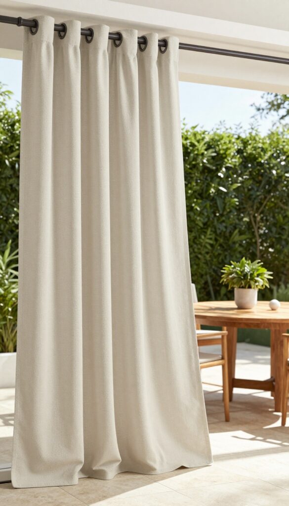 Grommet top curtains on an outdoor patio, partially open to reveal a seating area, with natural light and a clean, modern aesthetic.
