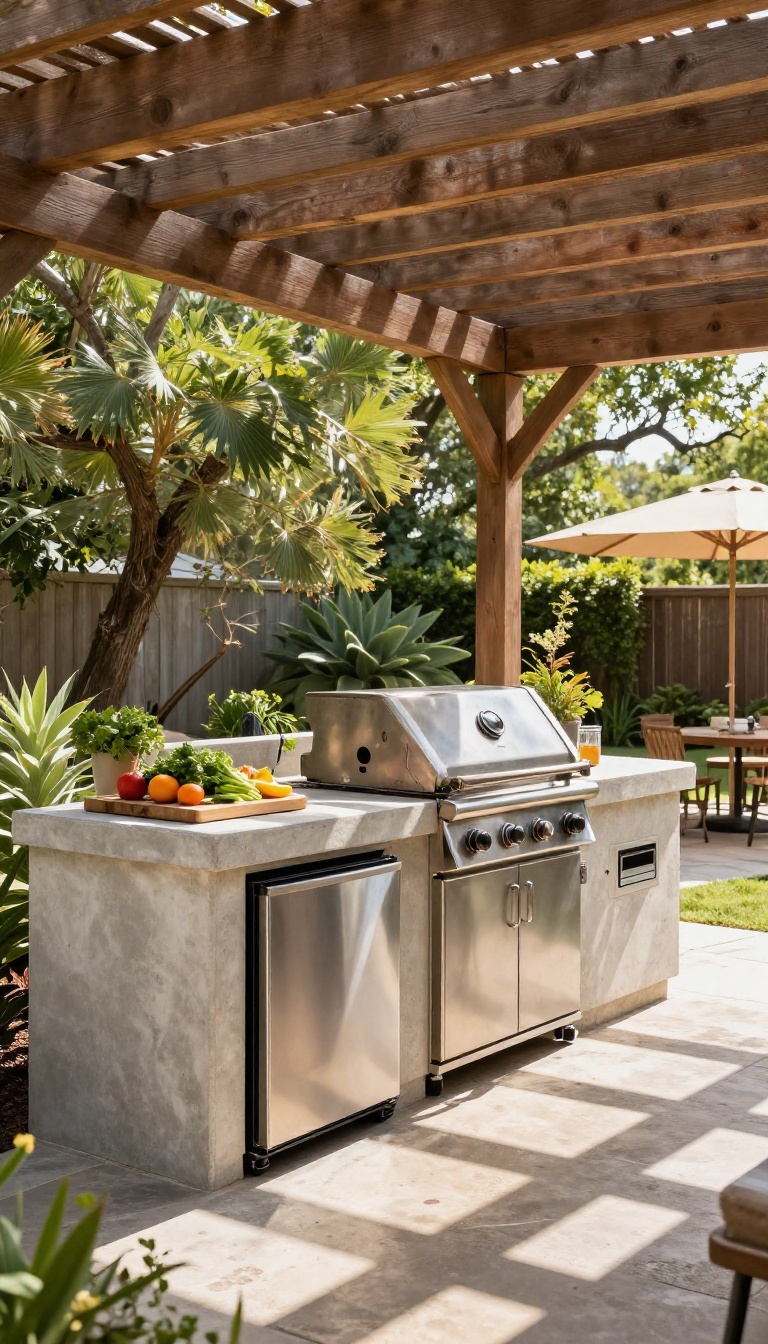 Shaded outdoor kitchen with a pergola covering a grill and prep counter in a sunny Texas backyard