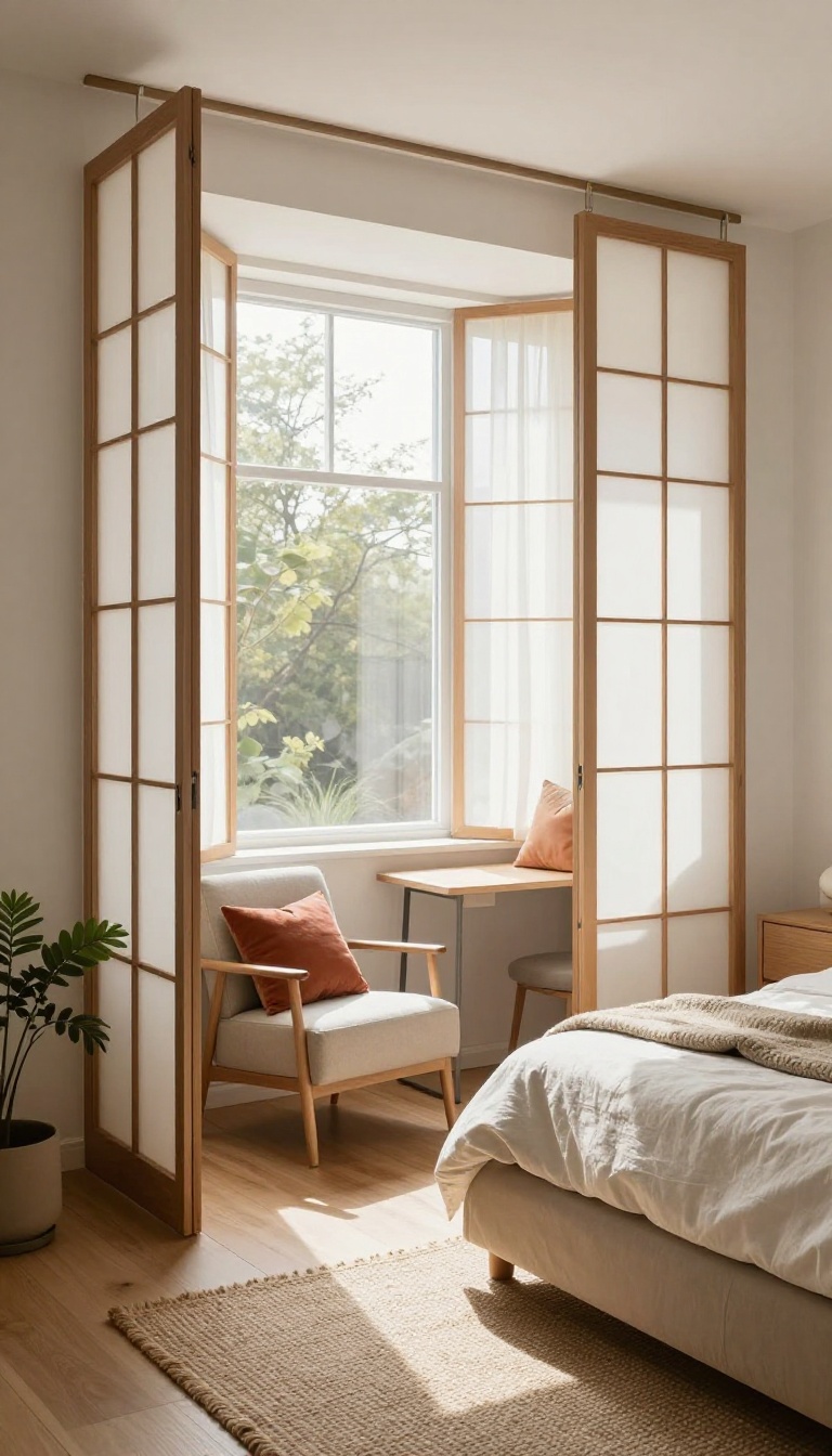 Small couple's bedroom with a wooden folding room divider creating a private reading nook in bright natural light
