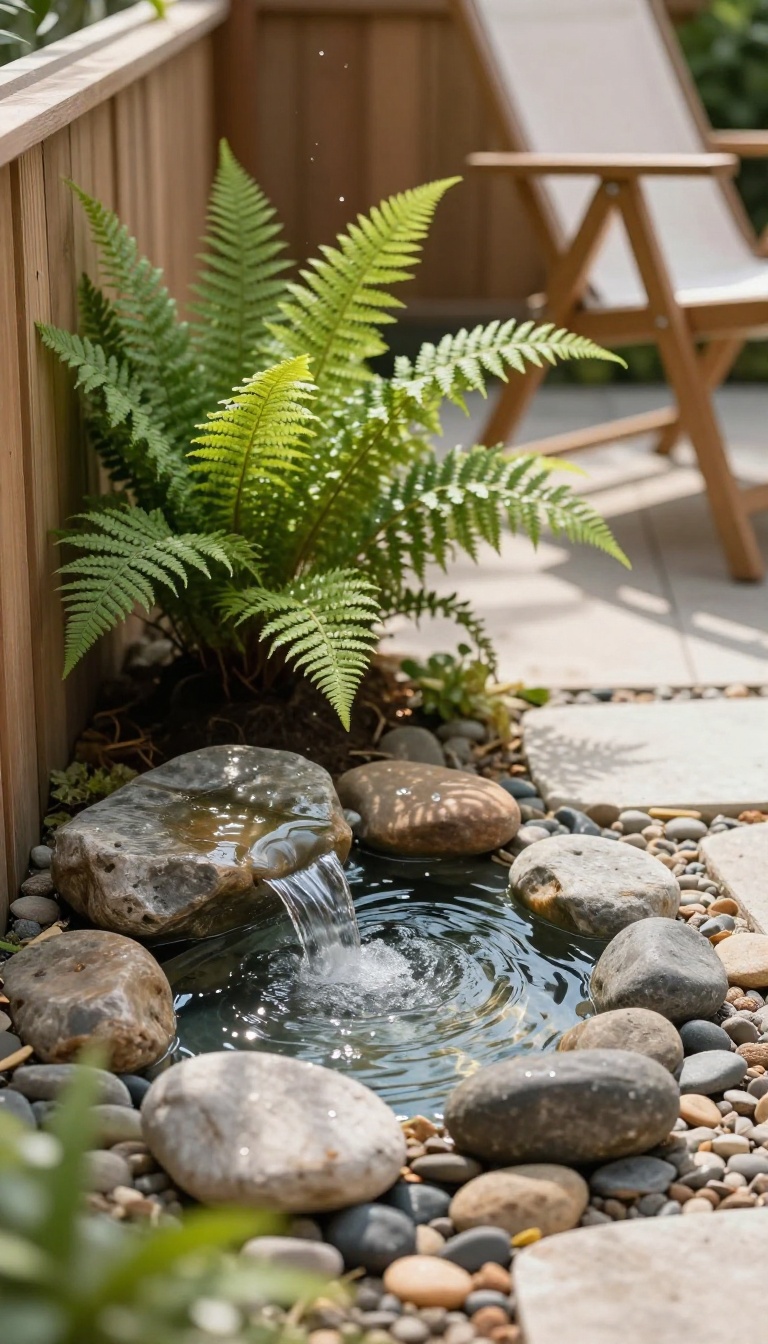 Small bubbling rock water feature in a cozy backyard corner with ferns and gravel