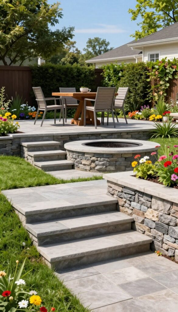 Multi-level paver patio on a sloped yard with dining area above and fire pit lounge below, separated by a retaining wall and connected by steps.
