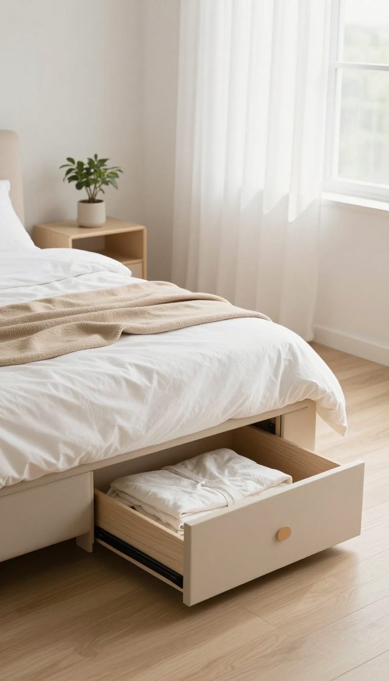 Small bedroom with a storage bed that has built-in drawers, styled with neutral bedding and bright natural light