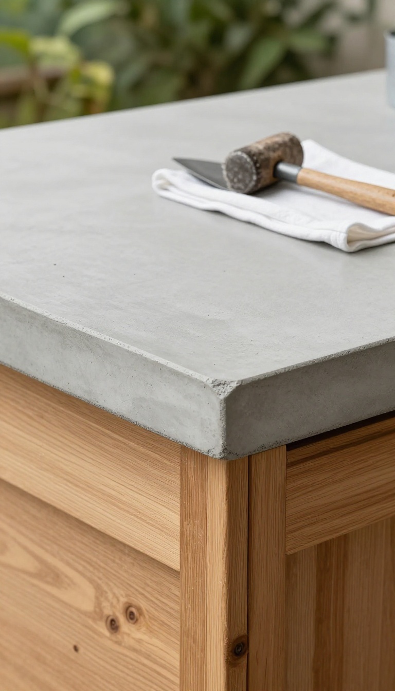 DIY concrete countertop on a wooden outdoor kitchen frame in a sunny backyard