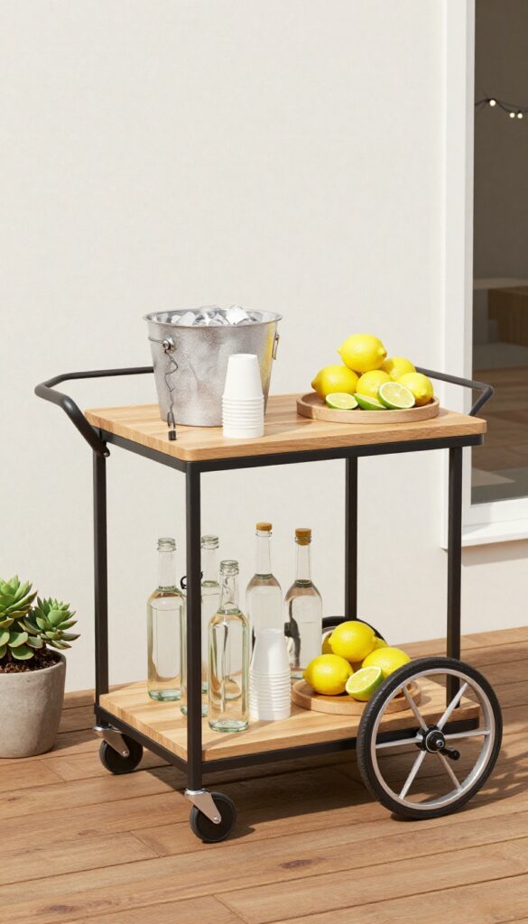 A teak and metal rolling bar cart stocked with drinks and glassware on a cozy townhome patio, styled with a succulent and fairy lights.