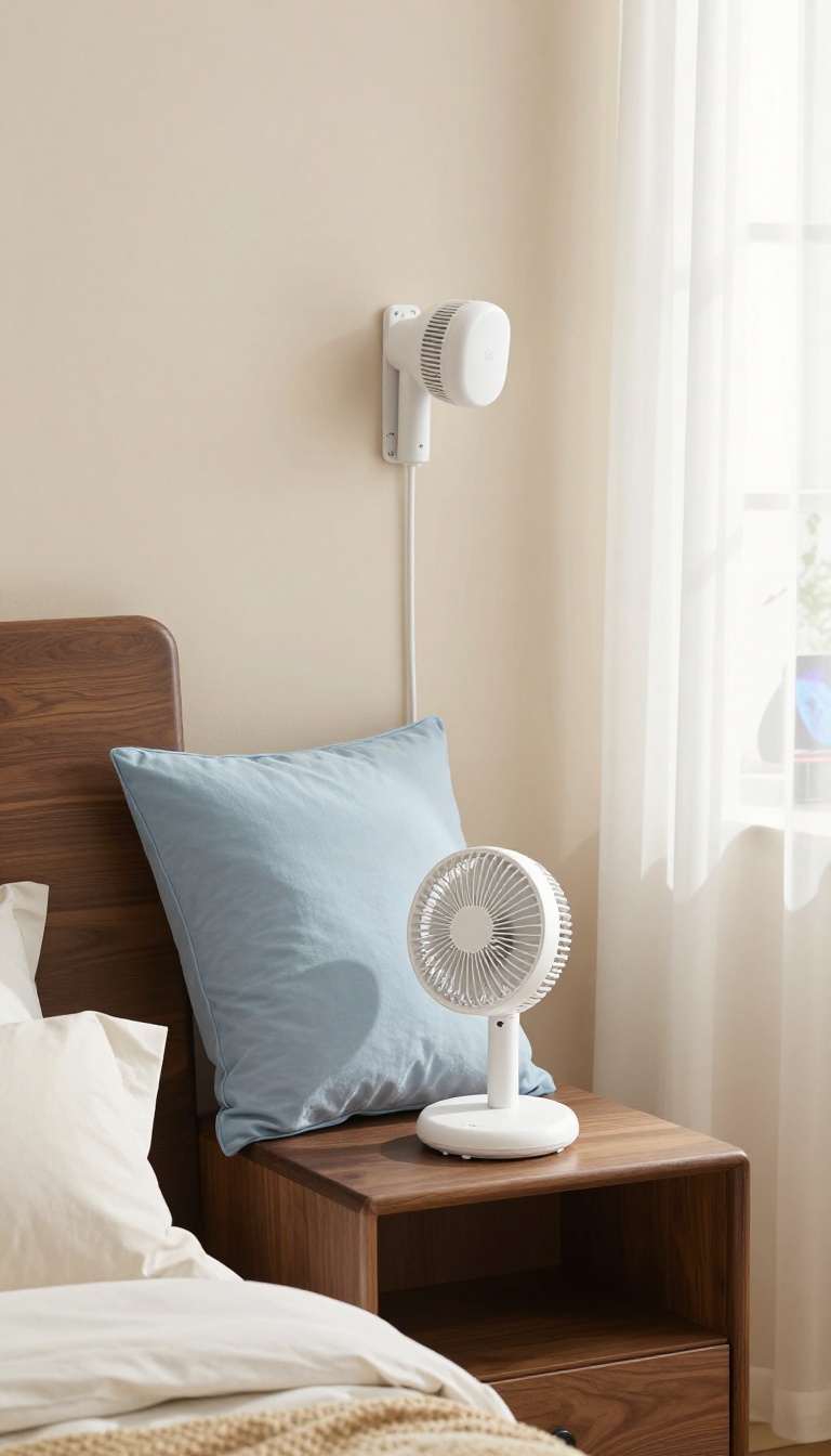 Small teen boy's bedroom with a clip-on fan attached to the headboard and a wall-mounted fan high on the wall for airflow