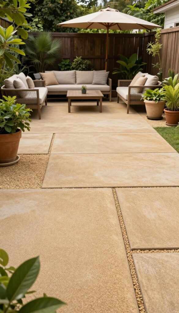 A stylish patio with mixed paver and gravel flooring, surrounded by greenery and comfortable seating, exemplifying a budget-friendly high-end design.