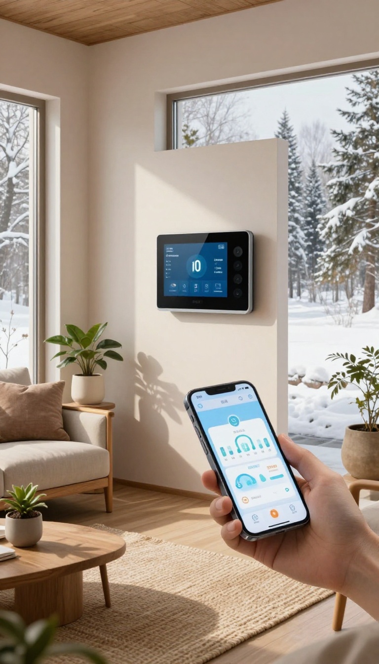 Enclosed patio with smart thermostat and smartphone control in winter