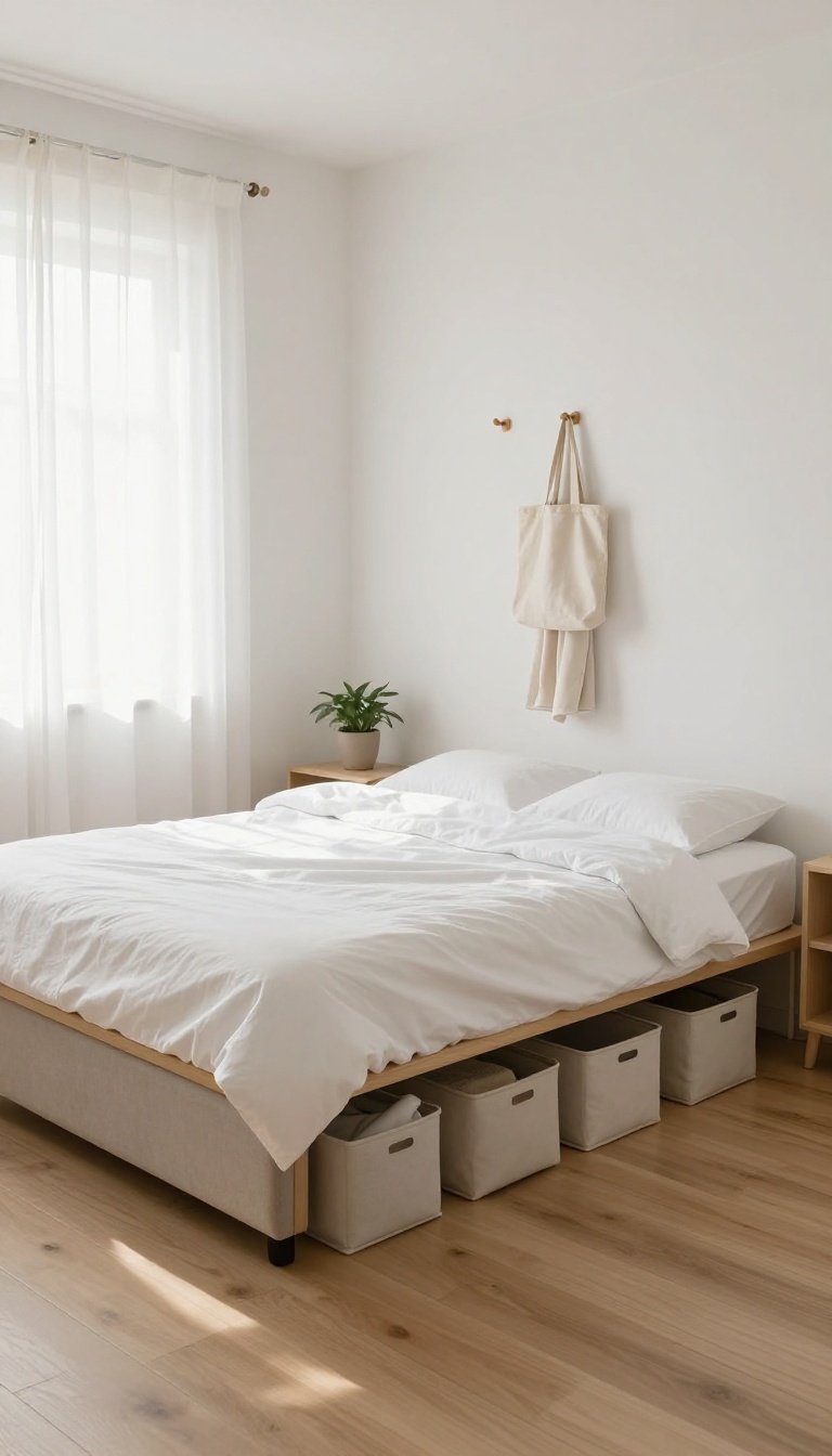 Minimal small bedroom with clear surfaces and hidden storage, including under-bed bins, a storage ottoman, and wall hooks