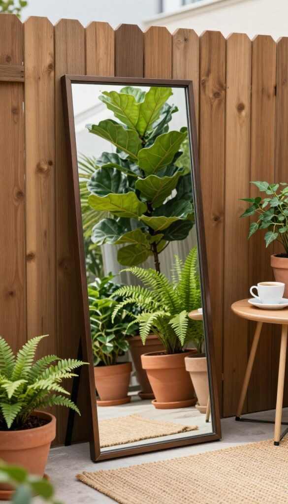 A small patio with a large mirror reflecting greenery, doubling the visual foliage and making the space feel larger.