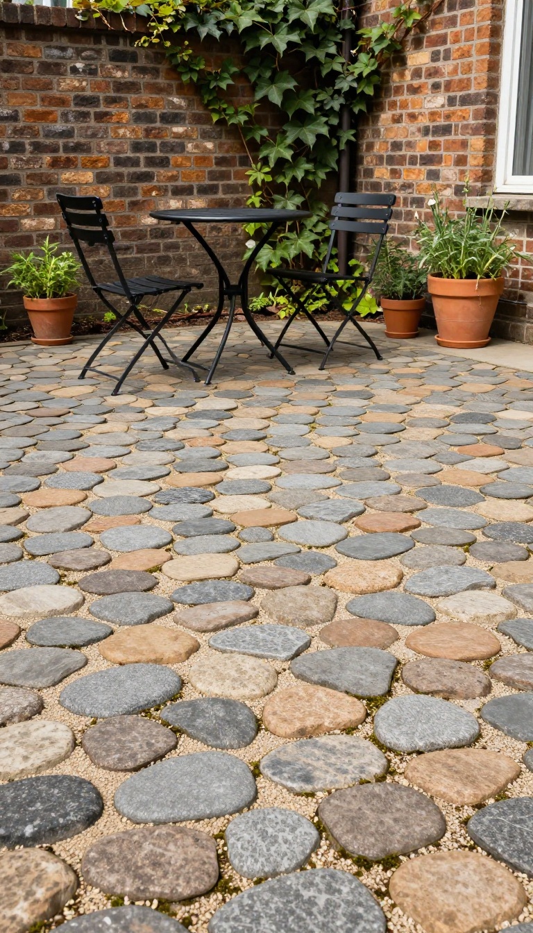 Rustic cobblestone paver courtyard with a bistro table and potted herbs beside an ivy-covered brick wall in bright natural light