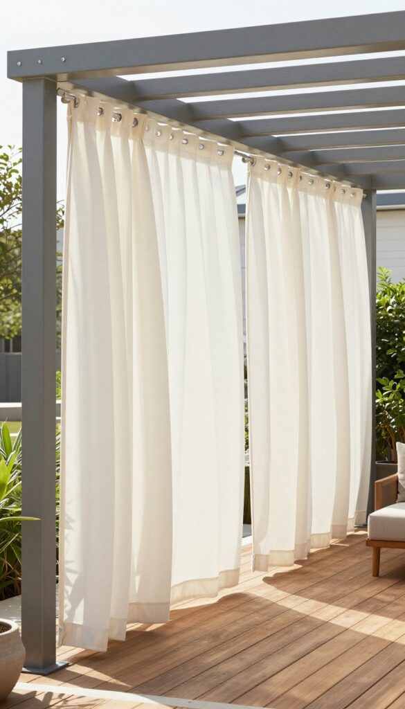 Outdoor patio with white curtains hung on a cable system under a pergola, demonstrating a clean and modern look.