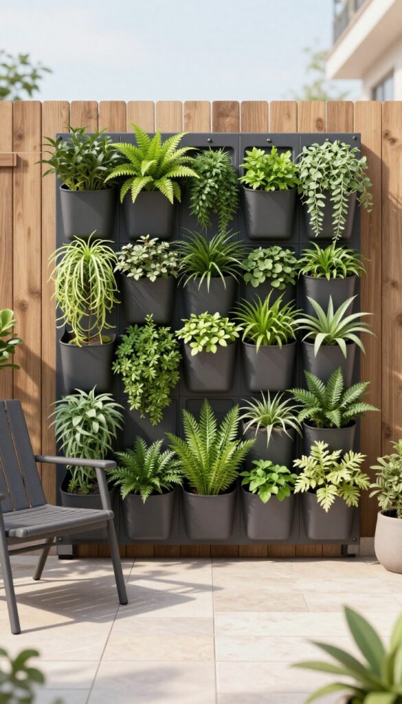 A small patio with a lush modular living wall system on a wooden fence, surrounded by potted plants and a chair.