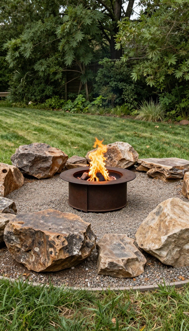 Sunken backyard fire pit built from large natural boulders surrounded by native grasses and trees in bright daylight