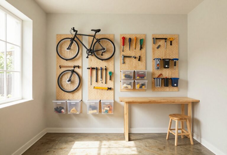 Organized backyard shed with wall-mounted bike racks, pegboard, and clear storage bins.