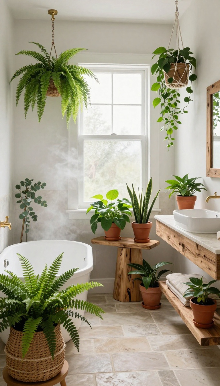 Modern rustic bathroom with a Boston fern in a woven basket, eucalyptus hanging from the shower, and potted plants on a wood vanity tray in bright natural light