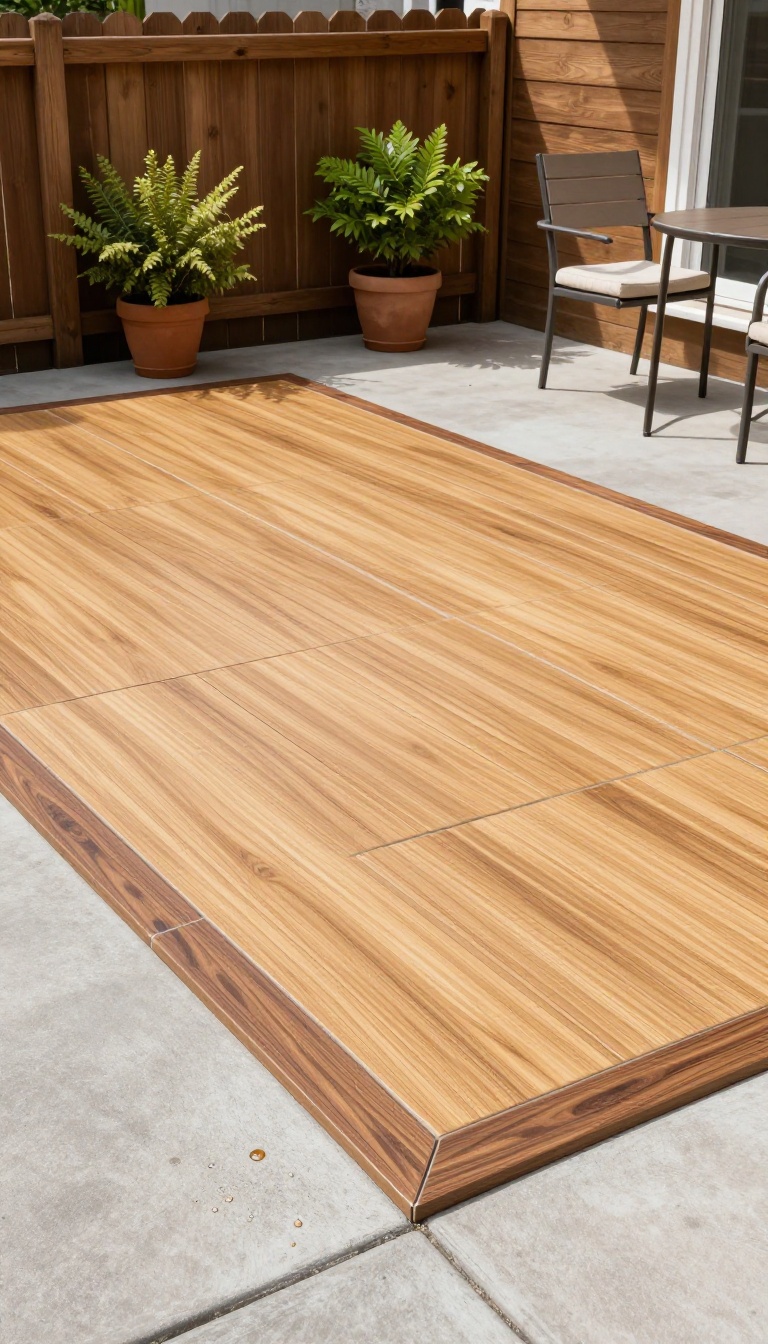 Wood-look interlocking deck tiles laid over a concrete townhome backyard patio, creating a warm floor with a darker border and small potted plants nearby