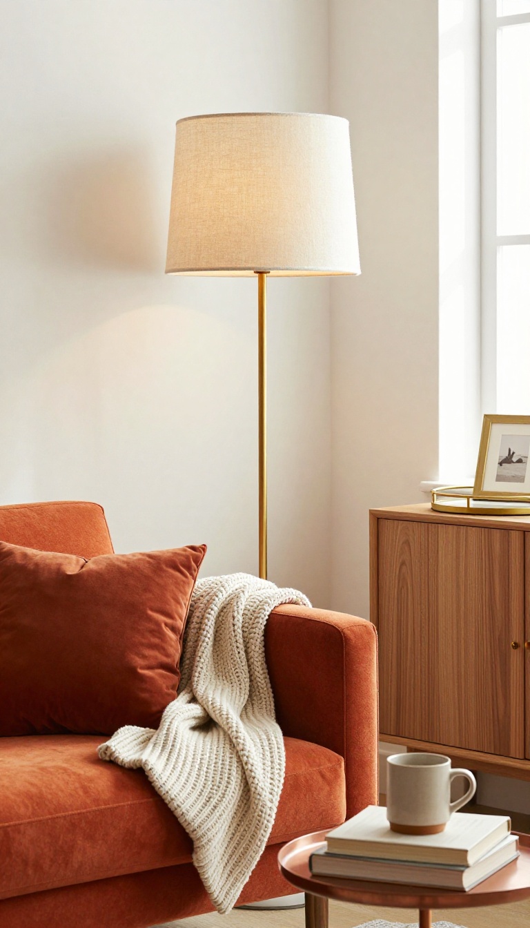 Warm living room corner with an orange couch styled with a brass floor lamp, copper side table, knit throw, and velvet pillow in bright natural light