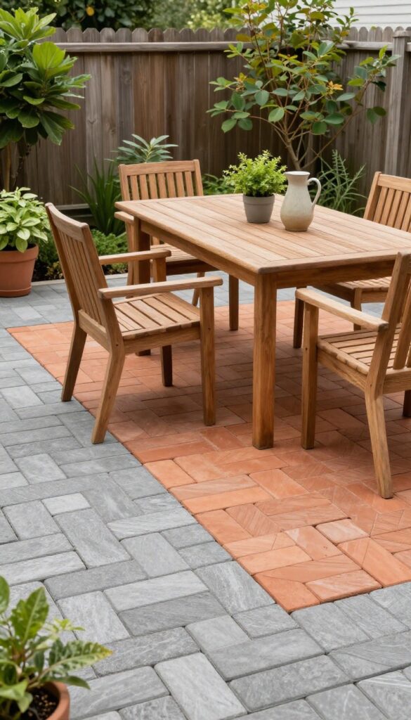 Patio dining area with contrasting terracotta herringbone pavers against gray running bond pavers, featuring a wooden table and chairs in natural light.