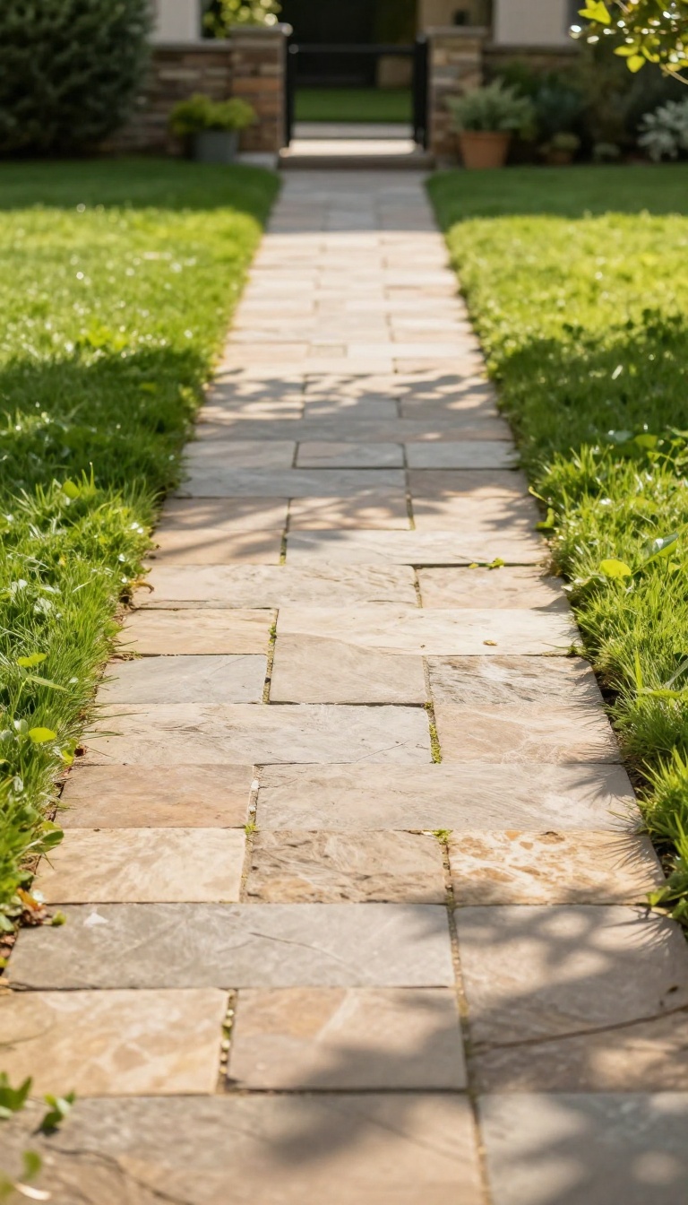 Flagstone path connecting a backyard patio to a green lawn in bright natural light