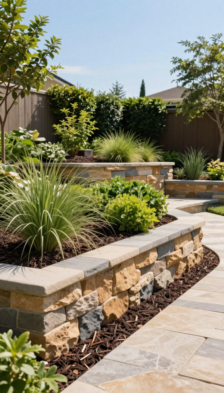 Low retaining wall creating flat terraced planting beds in a sloped backyard with fresh mulch and greenery
