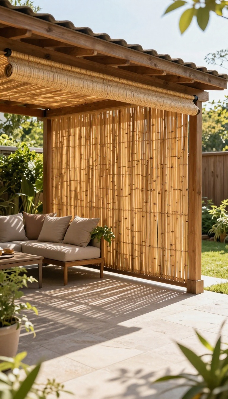 Bamboo roll-up shade lowered under a pergola eave for backyard privacy on a sunny patio