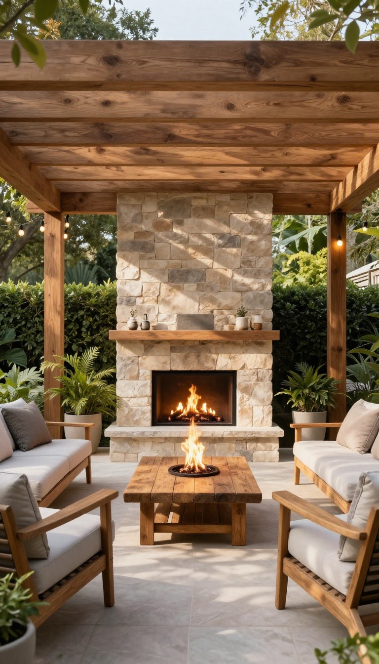 A covered patio with a pergola-style roof and open sides, featuring a stone fireplace and cozy seating.