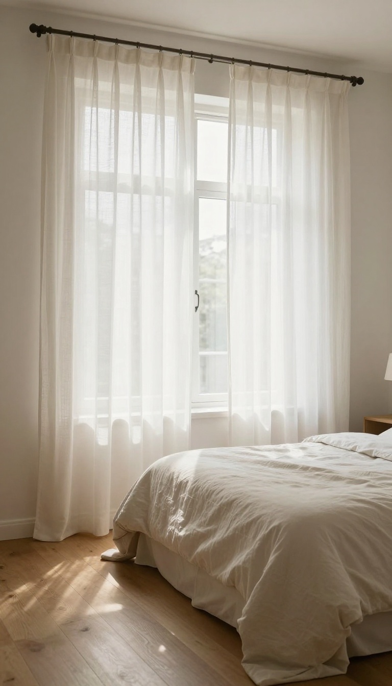 Small cozy bedroom with light sheer linen curtains letting bright natural daylight fill the space