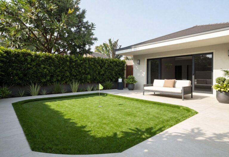 Backyard with artificial turf, patio, and putting green under sunny skies
