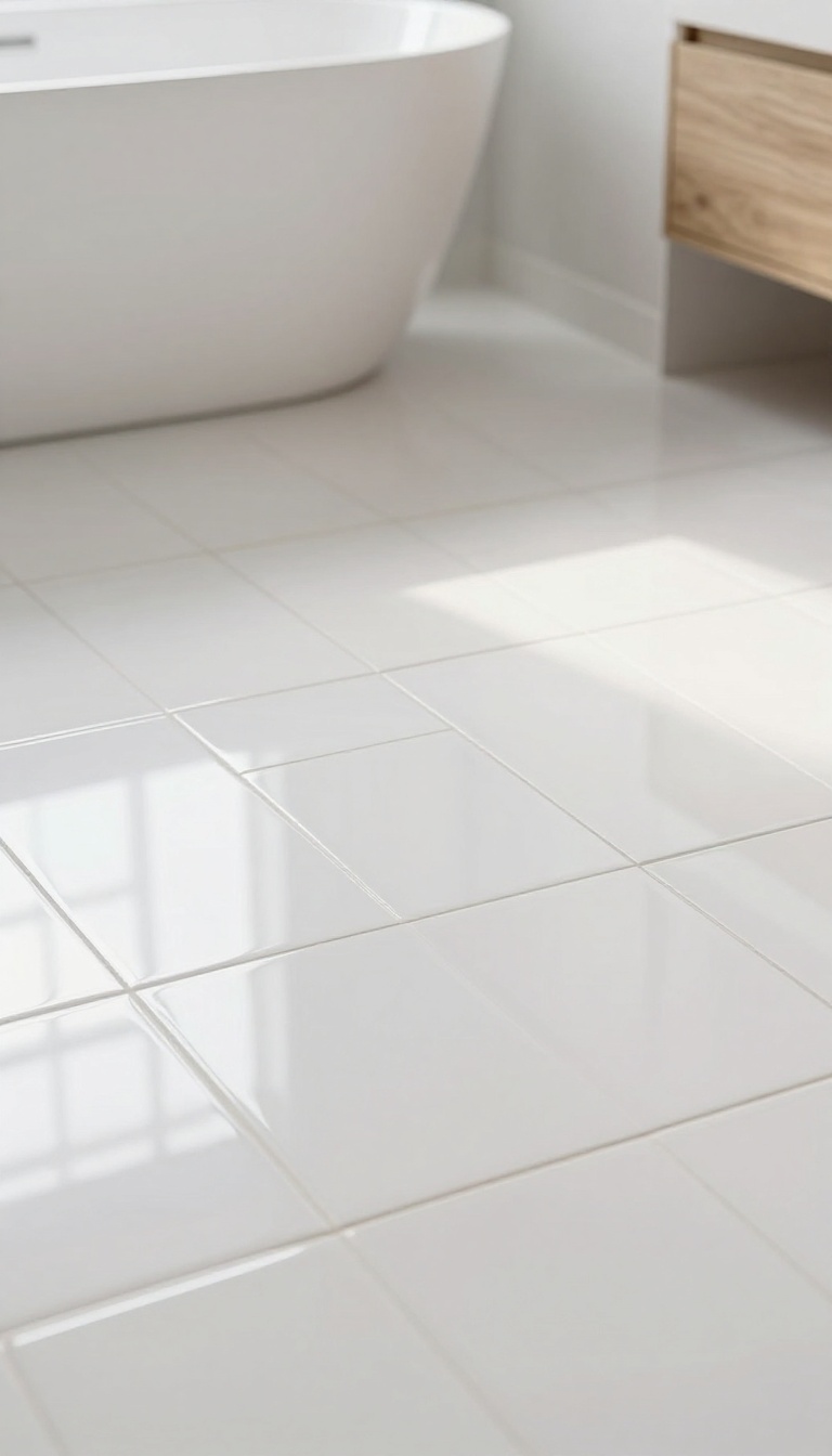 Glossy white subway tiles arranged in a herringbone pattern on a bright modern bathroom floor