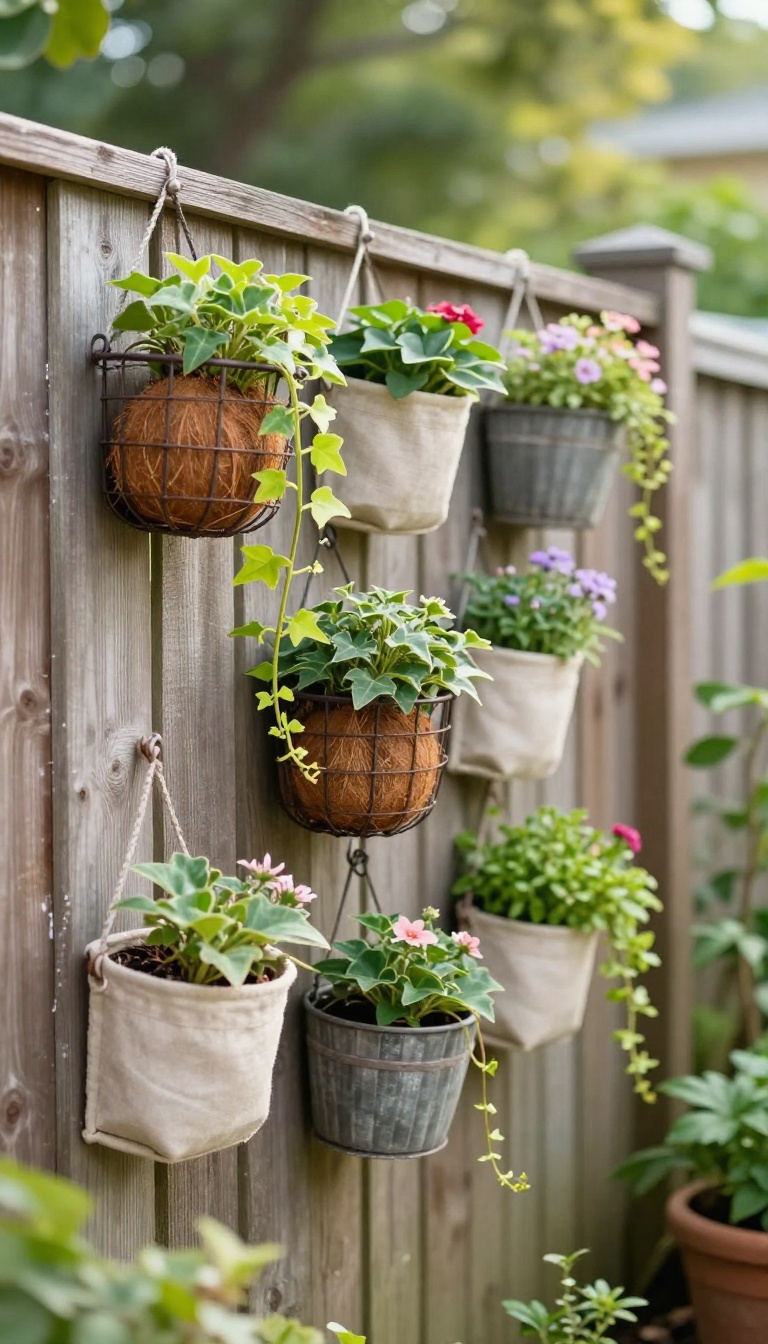 Hanging planters with trailing plants mounted on a wooden backyard fence in bright natural light