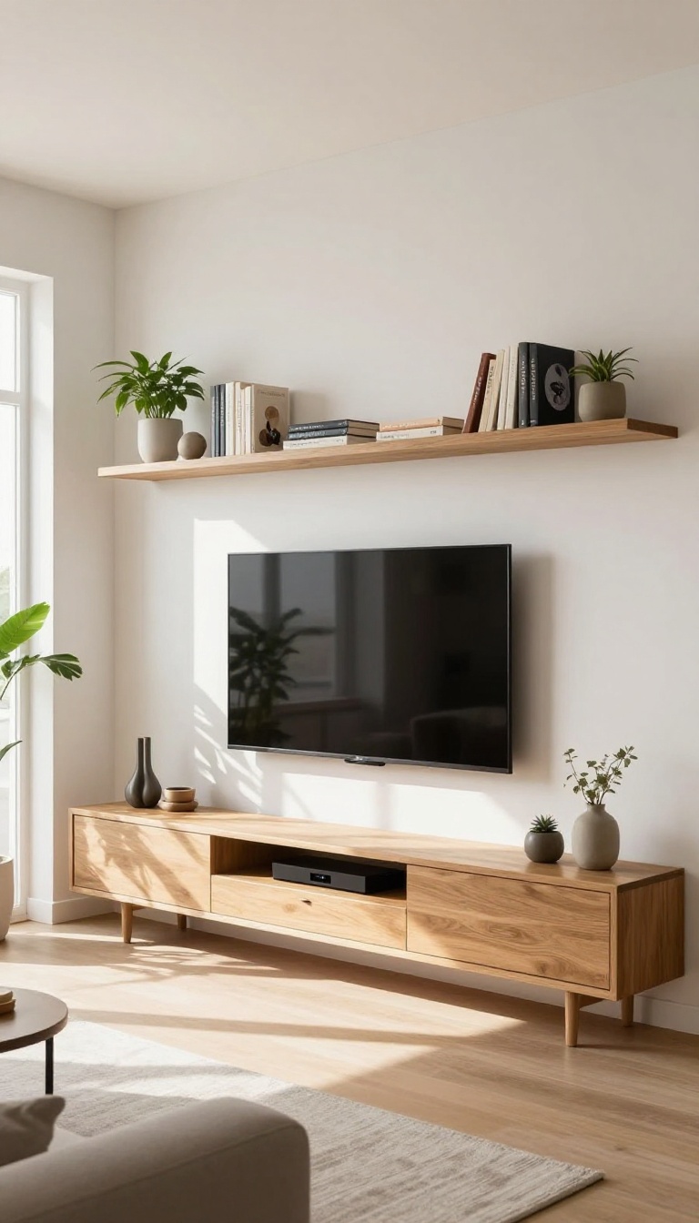 Modern TV unit with open shelving displaying books and plants, closed cabinets below, in a bright living room