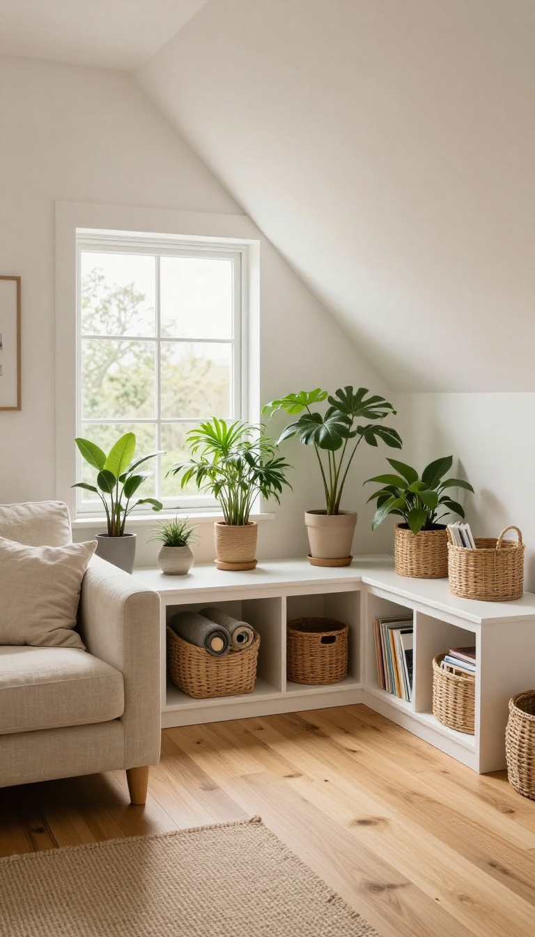 Attic living room with built-in storage under sloped eaves and woven baskets holding blankets