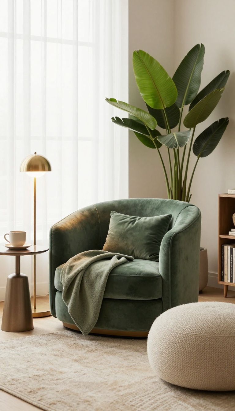 Cozy luxury reading nook with a velvet armchair, throw blanket, side table with tea, brass floor lamp, and tall plant in a bright living room corner
