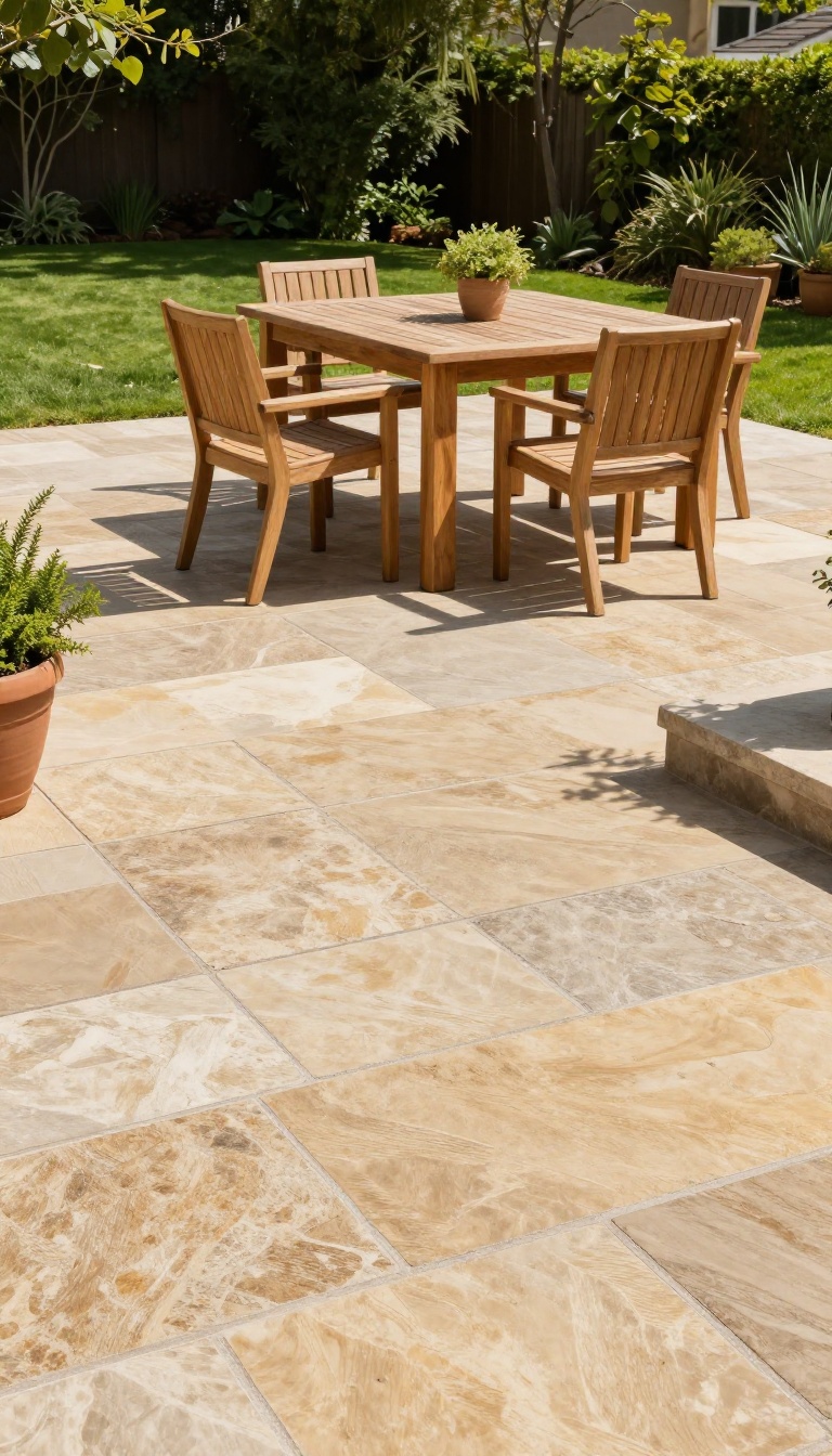Stamped concrete patio floor with ashlar slate pattern, outdoor dining set, and potted plants in a sunny backyard