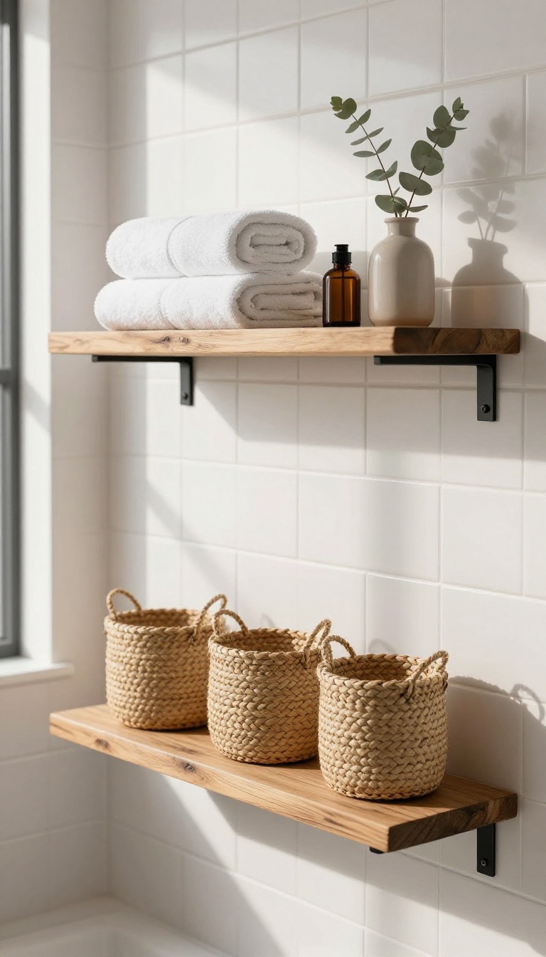 Modern rustic bathroom open wood shelves on black metal brackets holding woven baskets, rolled towels, and a small plant