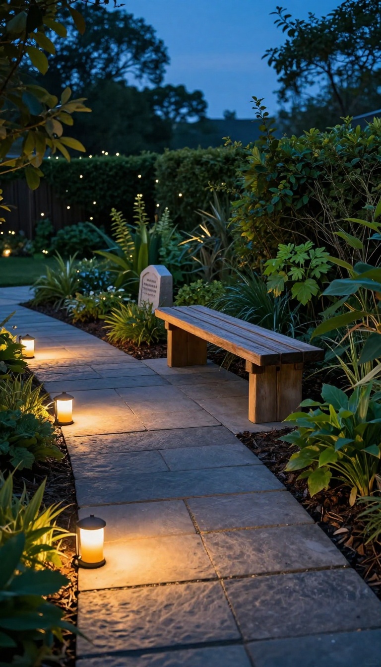 Backyard memorial garden path at dusk with warm solar path lights glowing along a walkway leading to a bench and engraved stone marker