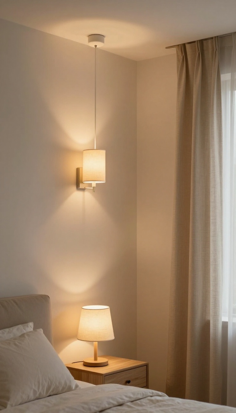 Cozy narrow bedroom with warm layered lighting from a soft ceiling fixture, wall sconce, and low bedside lamp