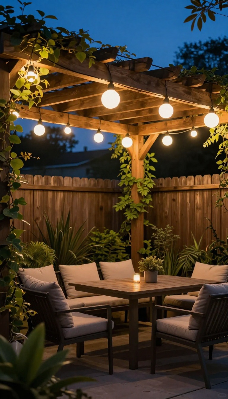 Backyard patio at dusk with warm globe string lights hanging overhead between a pergola and fence, glowing softly above an outdoor dining area