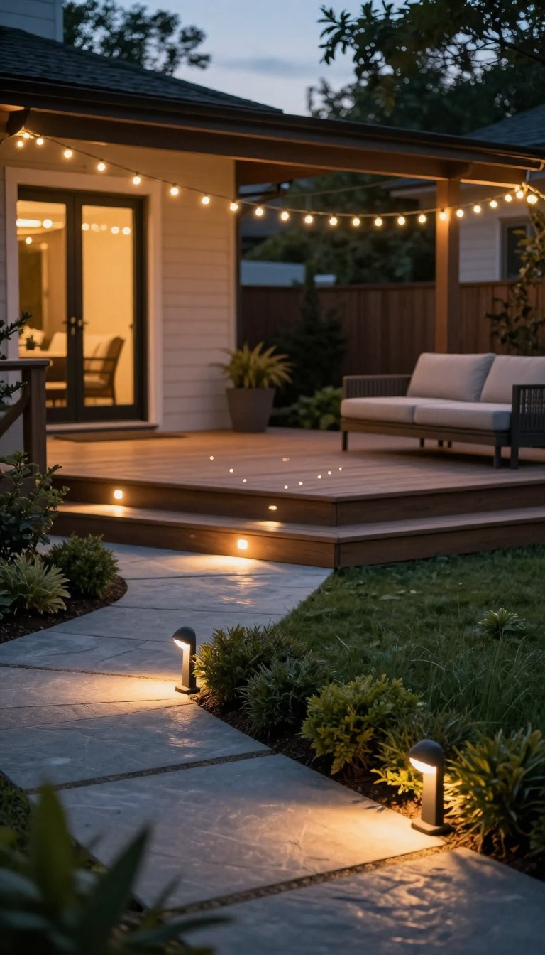 Backyard deck and patio at dusk with layered lighting from ground path lights, recessed step lights, and overhead string lights creating a seamless path from the house to the patio lounge area