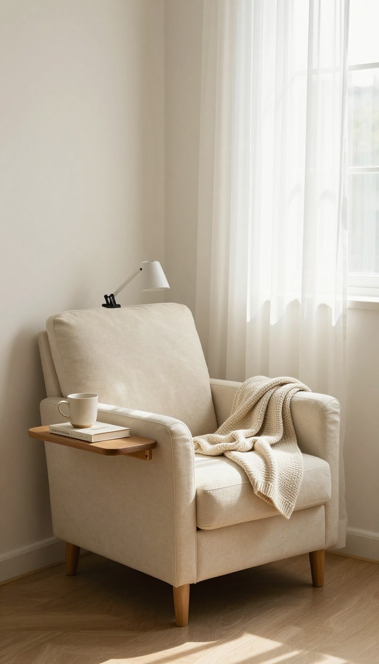 Cozy small bedroom window nook with an upholstered chair that has a built-in shelf holding a mug and book, styled with a throw blanket and clip-on lamp in soft natural light