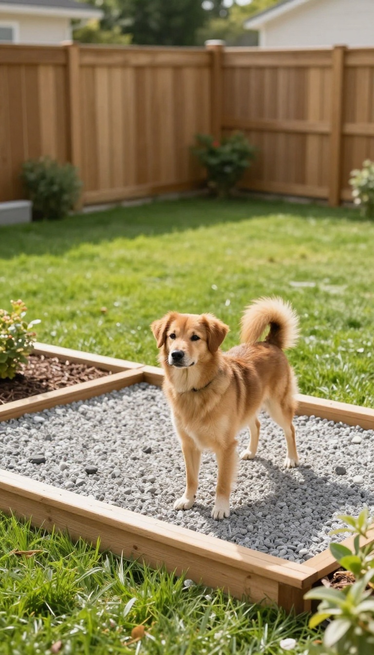 Backyard dog run with a pea gravel and mulch pad bordered by wooden edging, with a medium-sized dog standing on the gravel in bright natural light